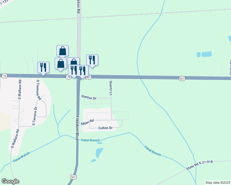 map of restaurants, bars, coffee shops, grocery stores, and more near 151 Quartz Lane in Florence