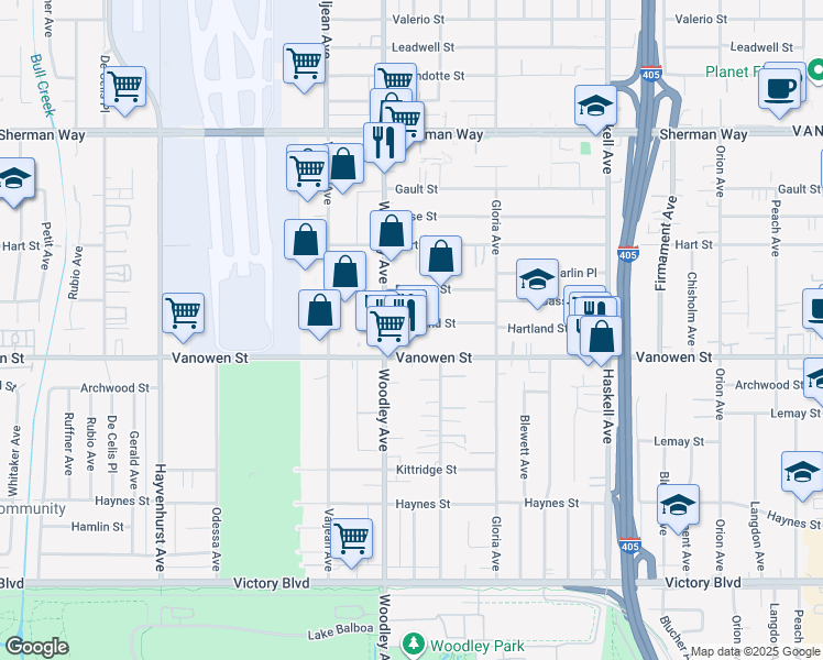 map of restaurants, bars, coffee shops, grocery stores, and more near 16038 Hartland Street in Los Angeles