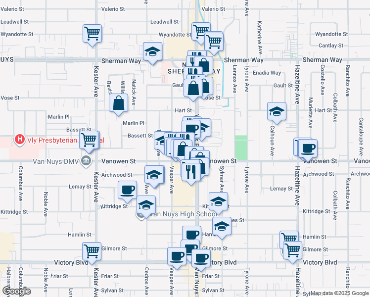 map of restaurants, bars, coffee shops, grocery stores, and more near 14526 Hartland Street in Los Angeles
