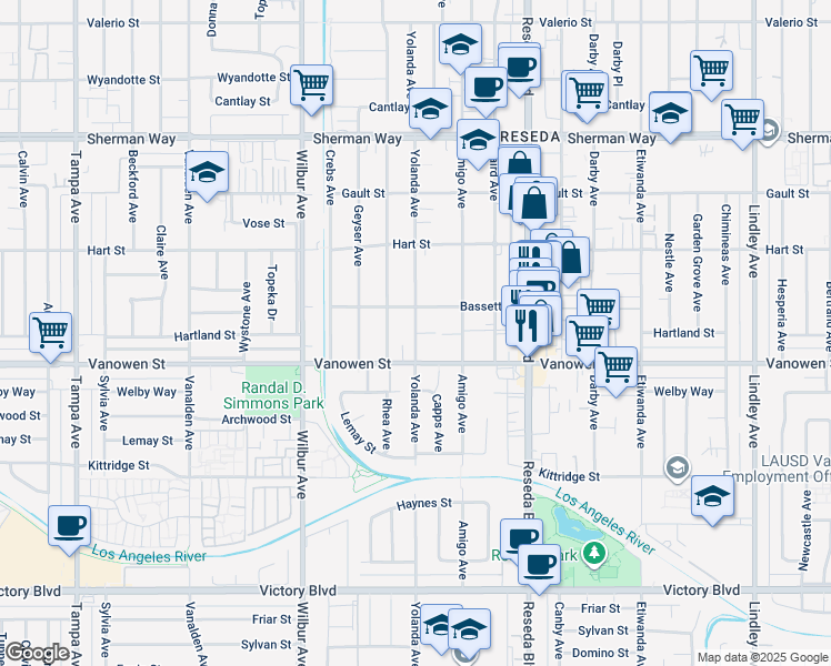 map of restaurants, bars, coffee shops, grocery stores, and more near 6835 Yolanda Avenue in Los Angeles