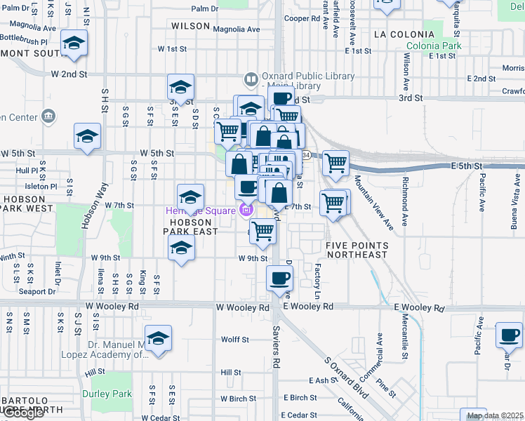 map of restaurants, bars, coffee shops, grocery stores, and more near 637 South Oxnard Boulevard in Oxnard