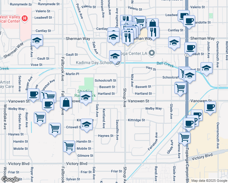 map of restaurants, bars, coffee shops, grocery stores, and more near 22441 Hartland Street in Los Angeles