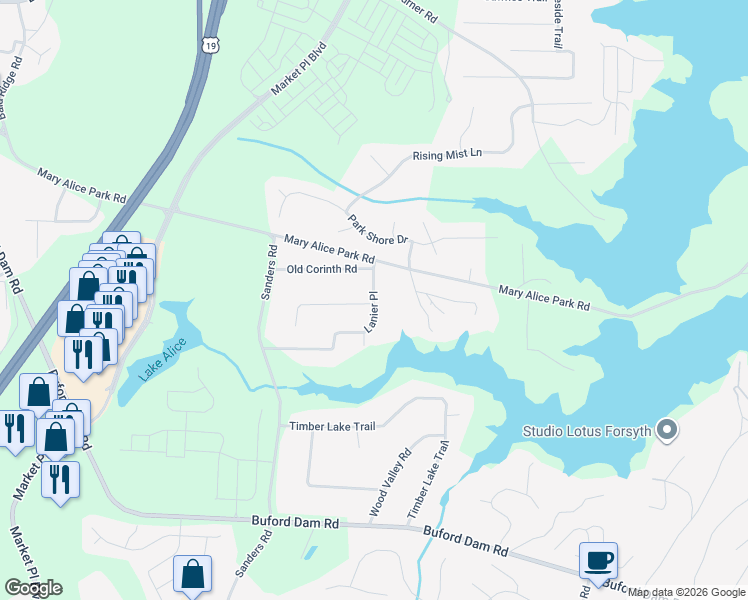 map of restaurants, bars, coffee shops, grocery stores, and more near Lanier Place in Cumming