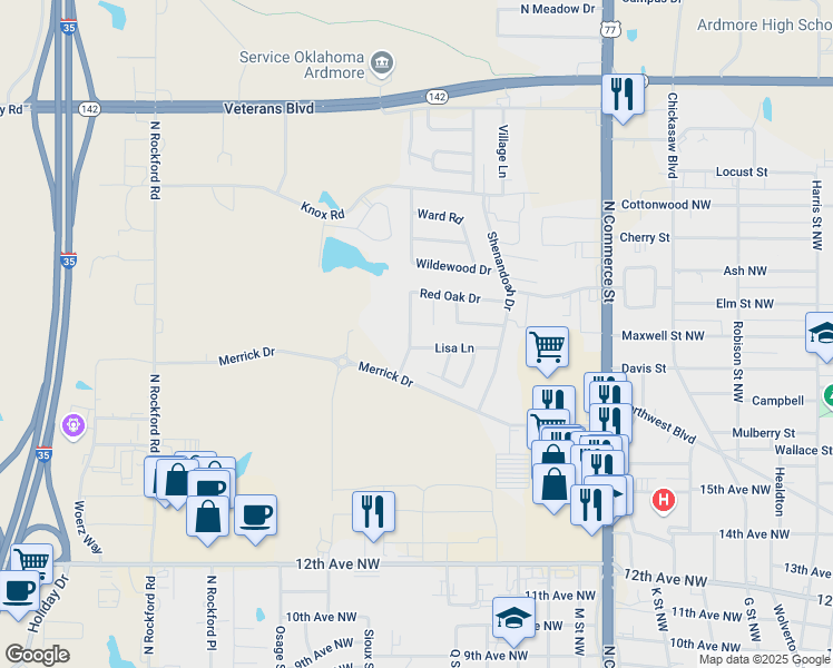 map of restaurants, bars, coffee shops, grocery stores, and more near 1916 Red Oak Drive in Ardmore