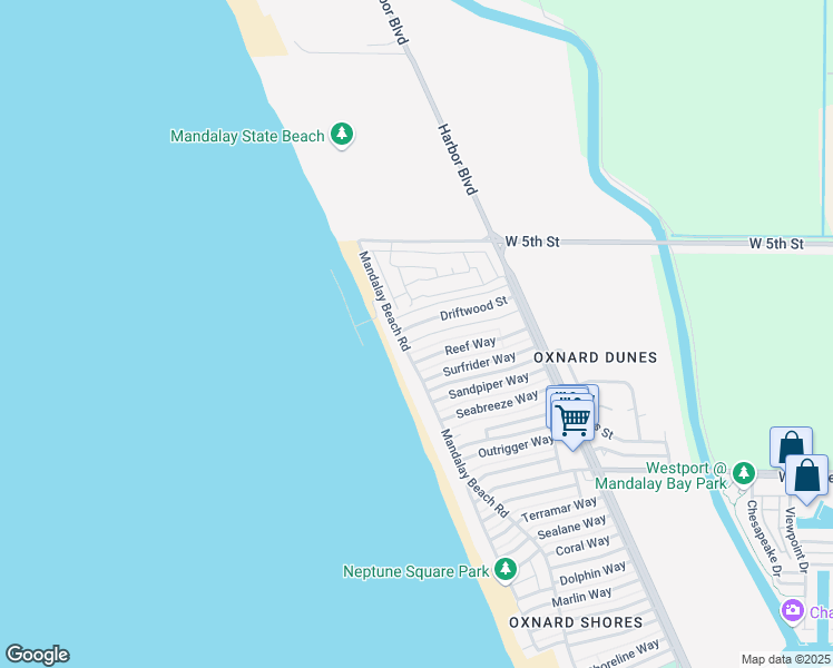 map of restaurants, bars, coffee shops, grocery stores, and more near 5510 Driftwood Street in Oxnard