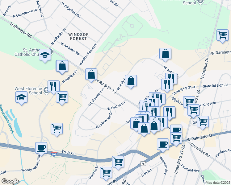 map of restaurants, bars, coffee shops, grocery stores, and more near Hoffmeyer Road & West Jody Road in Florence
