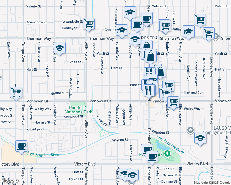 map of restaurants, bars, coffee shops, grocery stores, and more near 6837 Yolanda Avenue in Los Angeles