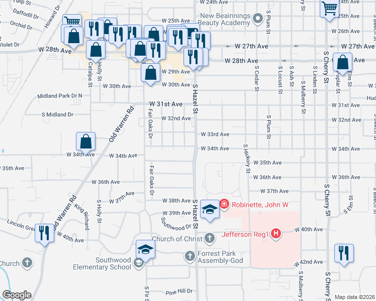 map of restaurants, bars, coffee shops, grocery stores, and more near 2205 West 34th Avenue in Pine Bluff