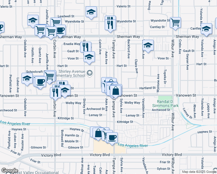 map of restaurants, bars, coffee shops, grocery stores, and more near 6855 Tampa Avenue in Los Angeles