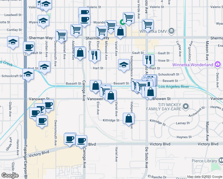 map of restaurants, bars, coffee shops, grocery stores, and more near 6835 Variel Avenue in Los Angeles