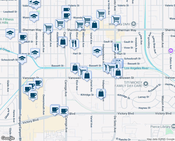 map of restaurants, bars, coffee shops, grocery stores, and more near 6835 Variel Avenue in Los Angeles