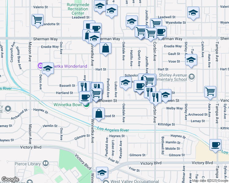 map of restaurants, bars, coffee shops, grocery stores, and more near Lubao Avenue in Los Angeles
