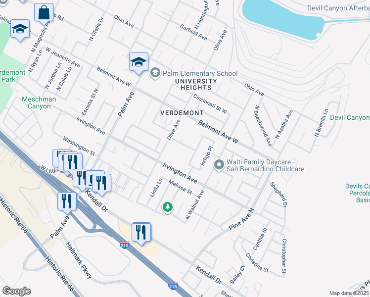 map of restaurants, bars, coffee shops, grocery stores, and more near 2795 Shepherd Lane in San Bernardino