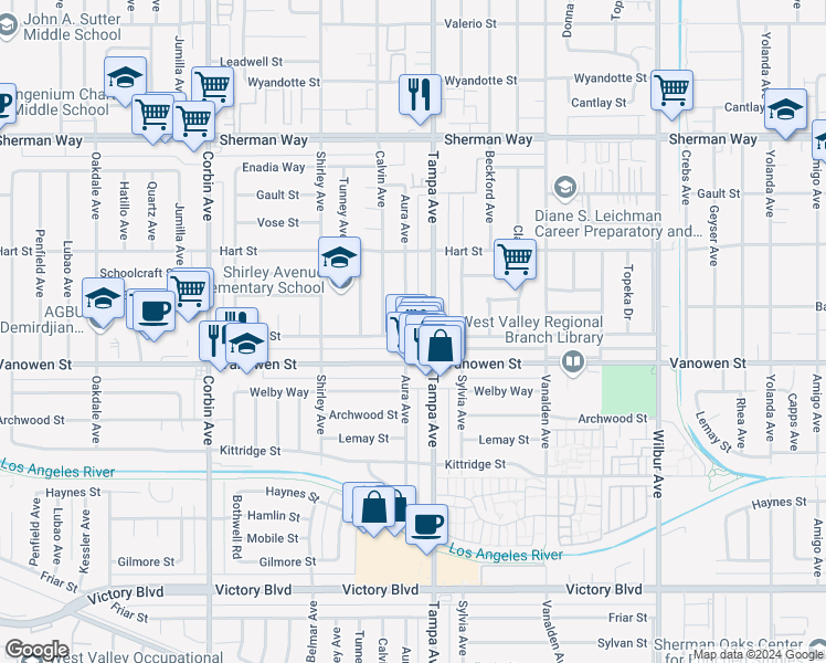 map of restaurants, bars, coffee shops, grocery stores, and more near 6830 Aura Avenue in Los Angeles