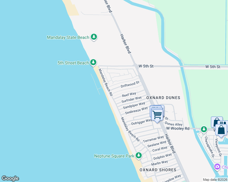 map of restaurants, bars, coffee shops, grocery stores, and more near 5510 Driftwood Street in Oxnard