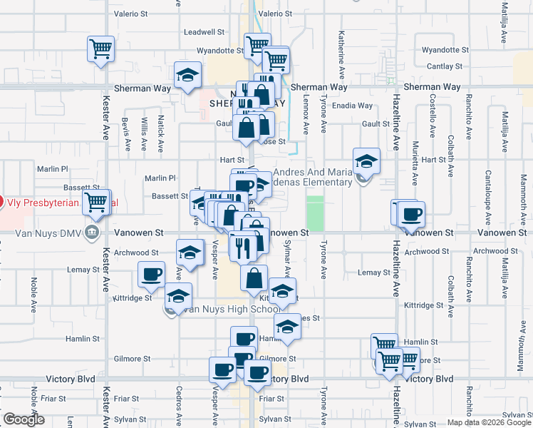 map of restaurants, bars, coffee shops, grocery stores, and more near 6828 Van Nuys Boulevard in Los Angeles
