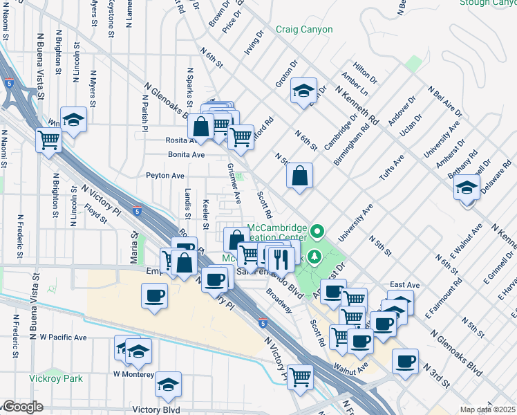 map of restaurants, bars, coffee shops, grocery stores, and more near 1807 Scott Road in Burbank