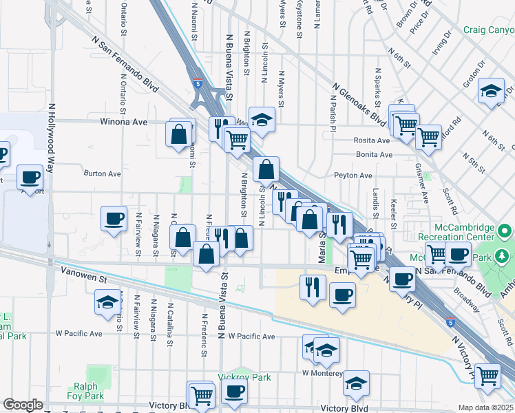 map of restaurants, bars, coffee shops, grocery stores, and more near 2200 North Brighton Street in Burbank