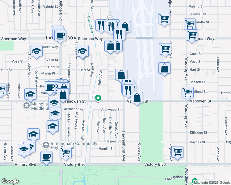 map of restaurants, bars, coffee shops, grocery stores, and more near 16539 Vine Terrace in Los Angeles