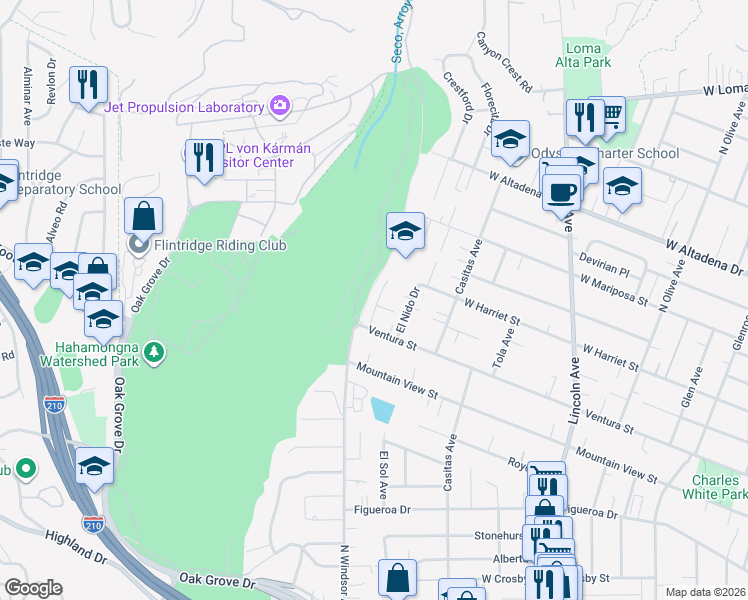 map of restaurants, bars, coffee shops, grocery stores, and more near 2877 Sterling Place in Altadena