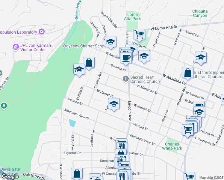 map of restaurants, bars, coffee shops, grocery stores, and more near 634 West Mendocino Street in Altadena