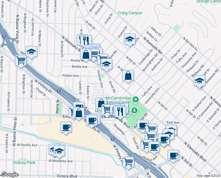 map of restaurants, bars, coffee shops, grocery stores, and more near 1825 Scott Road in Burbank