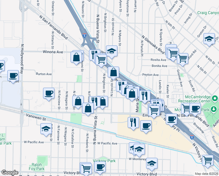 map of restaurants, bars, coffee shops, grocery stores, and more near 2200 North Brighton Street in Burbank