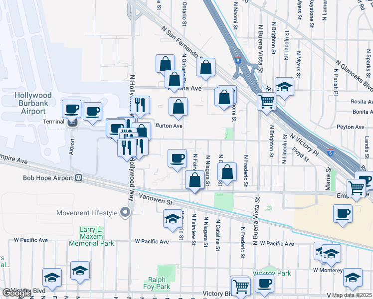 map of restaurants, bars, coffee shops, grocery stores, and more near 3030 Thornton Avenue in Burbank