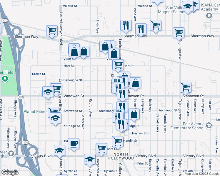 map of restaurants, bars, coffee shops, grocery stores, and more near 6847 Simpson Avenue in Los Angeles