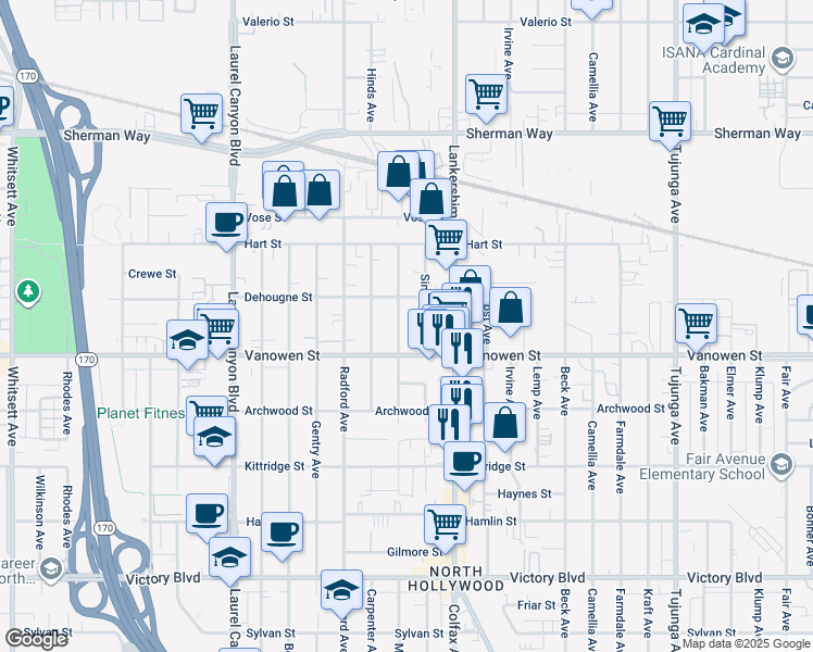 map of restaurants, bars, coffee shops, grocery stores, and more near 6847 Simpson Avenue in Los Angeles