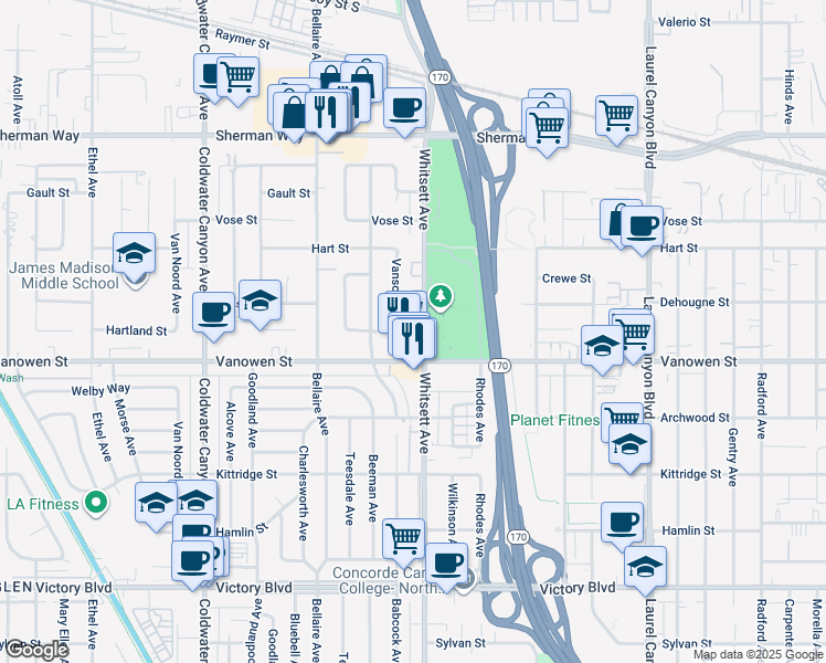 map of restaurants, bars, coffee shops, grocery stores, and more near 6857 Whitsett Avenue in Los Angeles