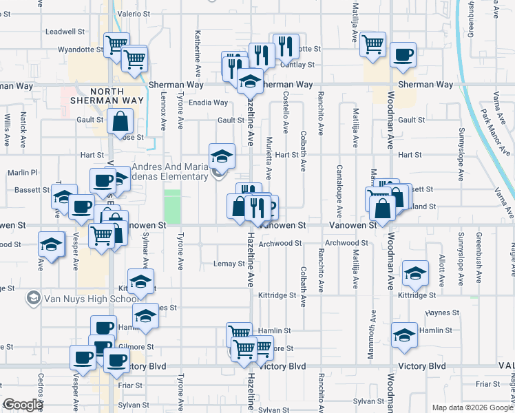 map of restaurants, bars, coffee shops, grocery stores, and more near 6853 Hazeltine Avenue in Los Angeles