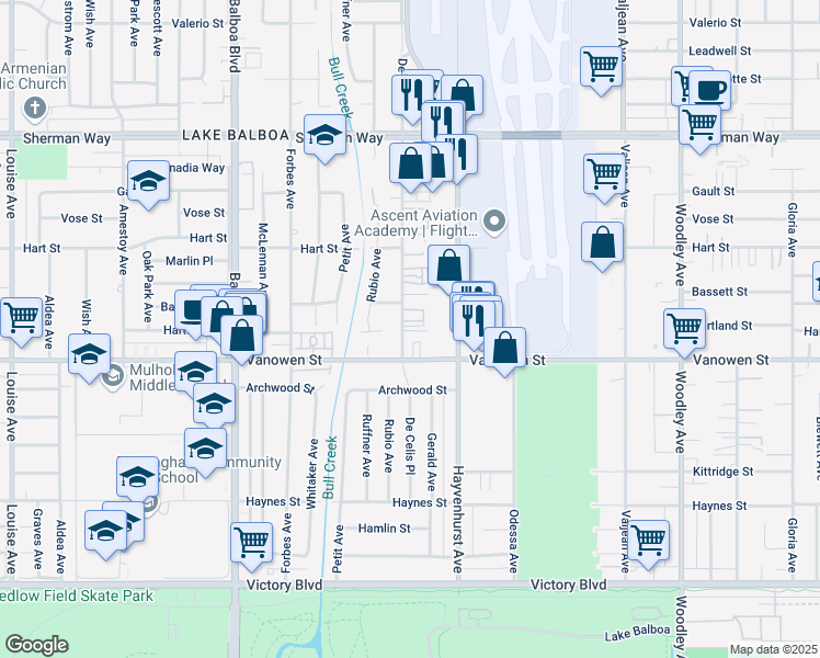 map of restaurants, bars, coffee shops, grocery stores, and more near 6904 De Celis Place in Los Angeles