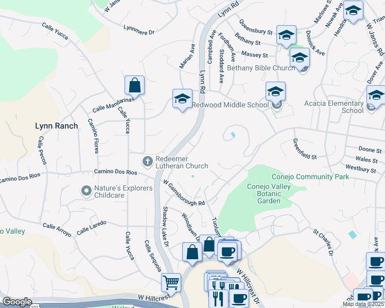 map of restaurants, bars, coffee shops, grocery stores, and more near 1217 Monte Sereno Drive in Thousand Oaks