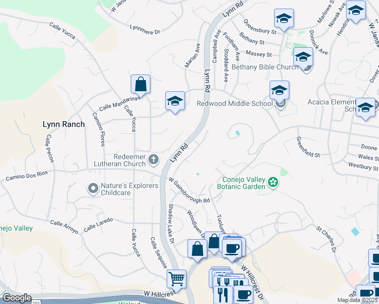map of restaurants, bars, coffee shops, grocery stores, and more near 1217 Monte Sereno Drive in Thousand Oaks