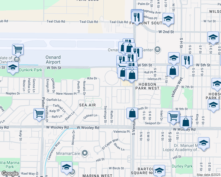 map of restaurants, bars, coffee shops, grocery stores, and more near 1600 West 5th Street in Oxnard