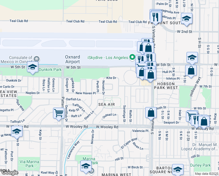 map of restaurants, bars, coffee shops, grocery stores, and more near 636 Snipe Walk in Oxnard