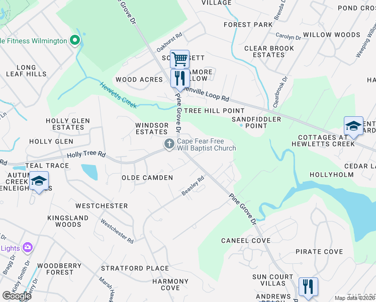 map of restaurants, bars, coffee shops, grocery stores, and more near 110 Mayberry Court in Wilmington