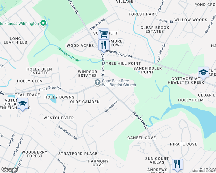 map of restaurants, bars, coffee shops, grocery stores, and more near 110 Mayberry Court in Wilmington