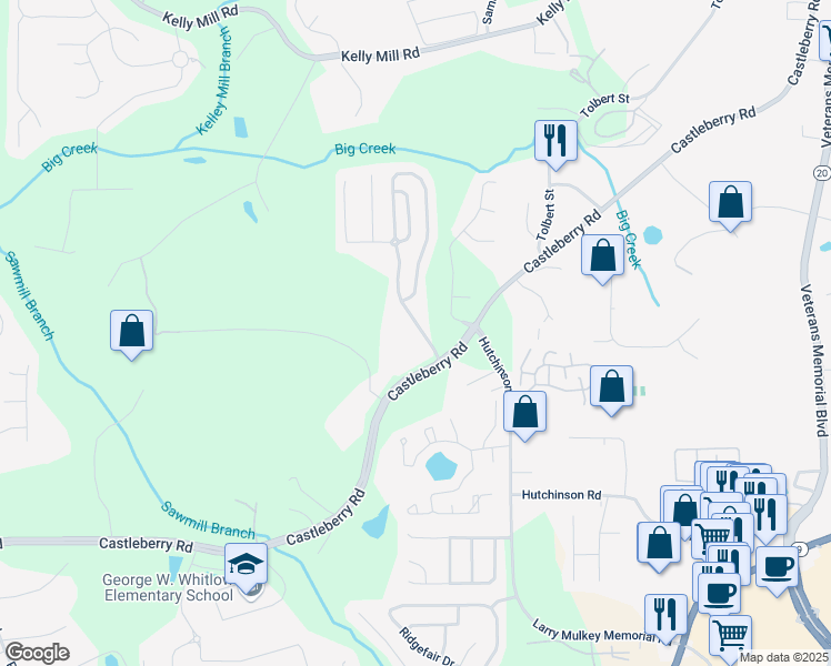 map of restaurants, bars, coffee shops, grocery stores, and more near 3277 Castleberry Village Drive in Cumming