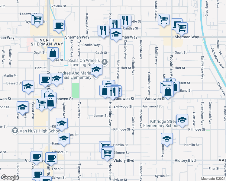 map of restaurants, bars, coffee shops, grocery stores, and more near 6830 Hazeltine Avenue in Los Angeles
