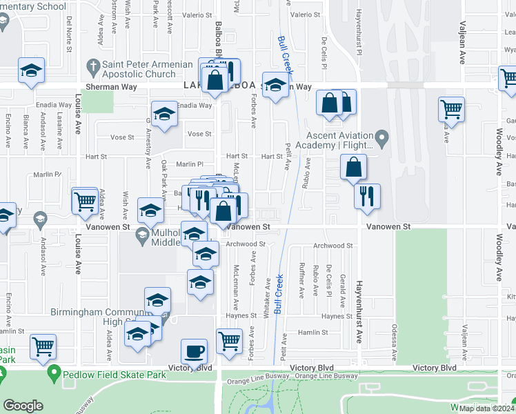 map of restaurants, bars, coffee shops, grocery stores, and more near 6834 Forbes Avenue in Los Angeles