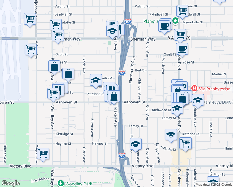 map of restaurants, bars, coffee shops, grocery stores, and more near 6942 Haskell Avenue in Los Angeles