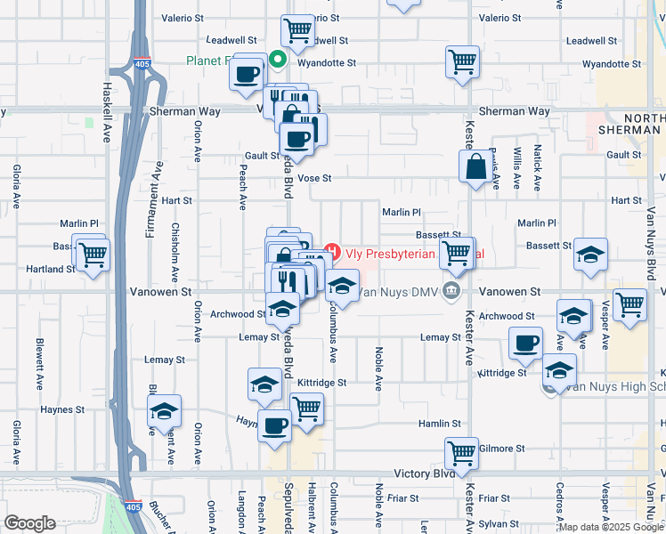 map of restaurants, bars, coffee shops, grocery stores, and more near 15107 Vanowen Street in Los Angeles