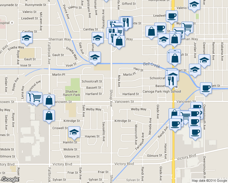 map of restaurants, bars, coffee shops, grocery stores, and more near 6840 Shoup Avenue in Los Angeles