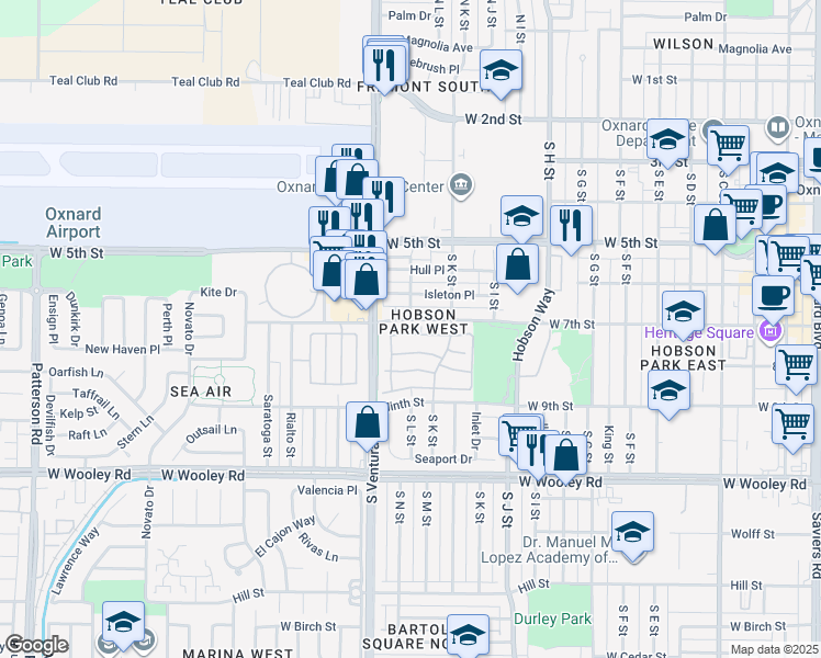 map of restaurants, bars, coffee shops, grocery stores, and more near 1241 West 7th Street in Oxnard