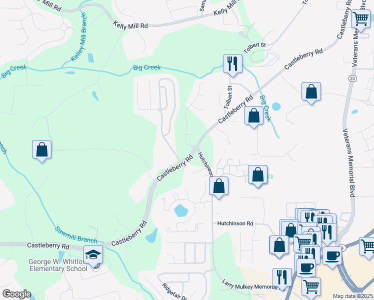 map of restaurants, bars, coffee shops, grocery stores, and more near 3215 Trowbridge Drive in Cumming