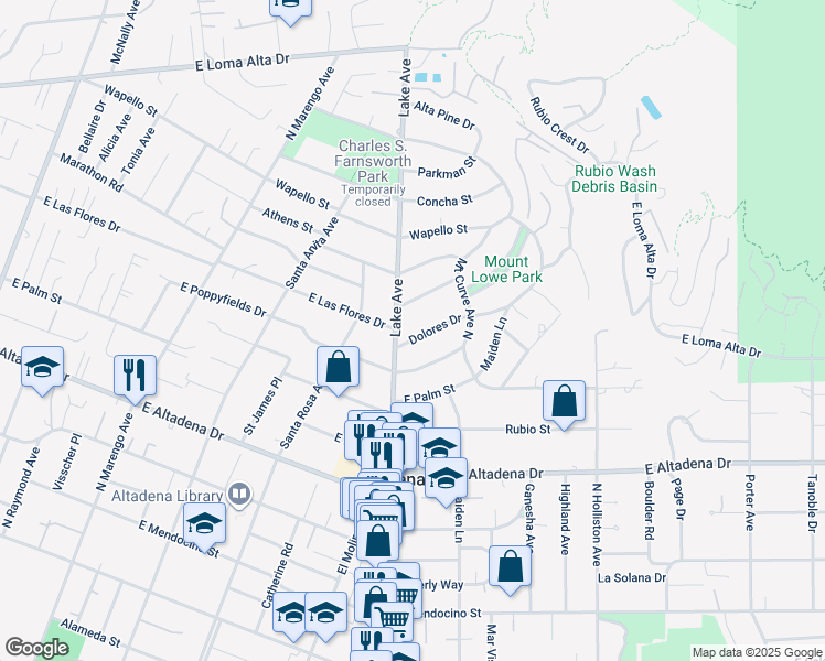 map of restaurants, bars, coffee shops, grocery stores, and more near 949 Dolores Drive in Altadena