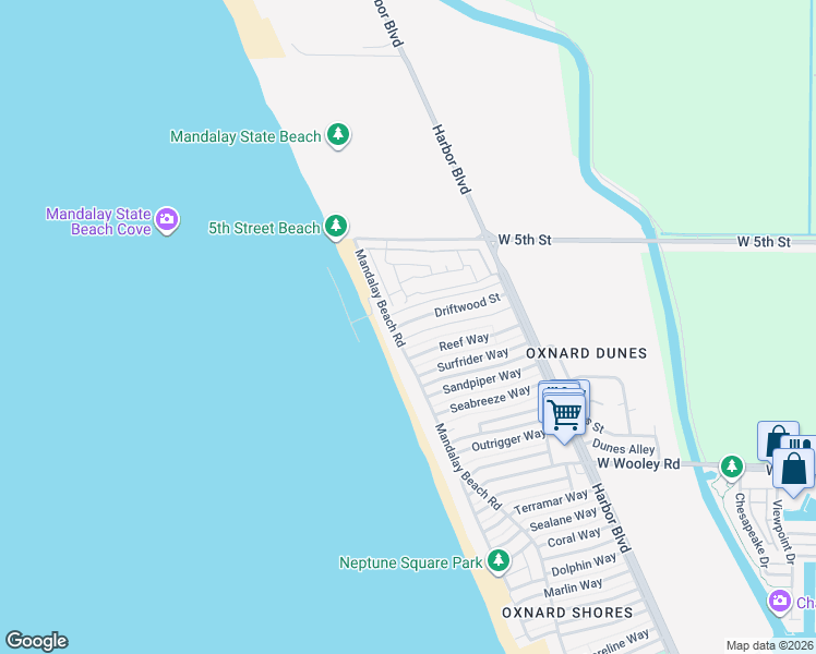 map of restaurants, bars, coffee shops, grocery stores, and more near 5510 Driftwood Street in Oxnard