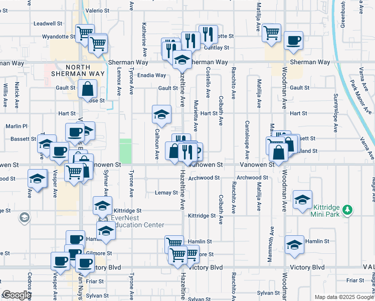 map of restaurants, bars, coffee shops, grocery stores, and more near 6830 Hazeltine Avenue in Los Angeles